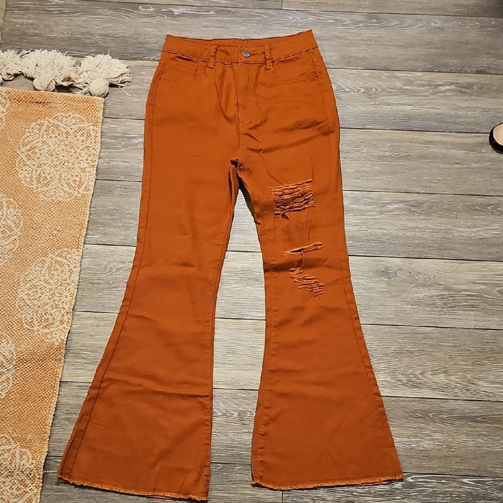 Rust Flared Women's Jeans w/ Distressed Details, Fringed Hem Women, Size S.